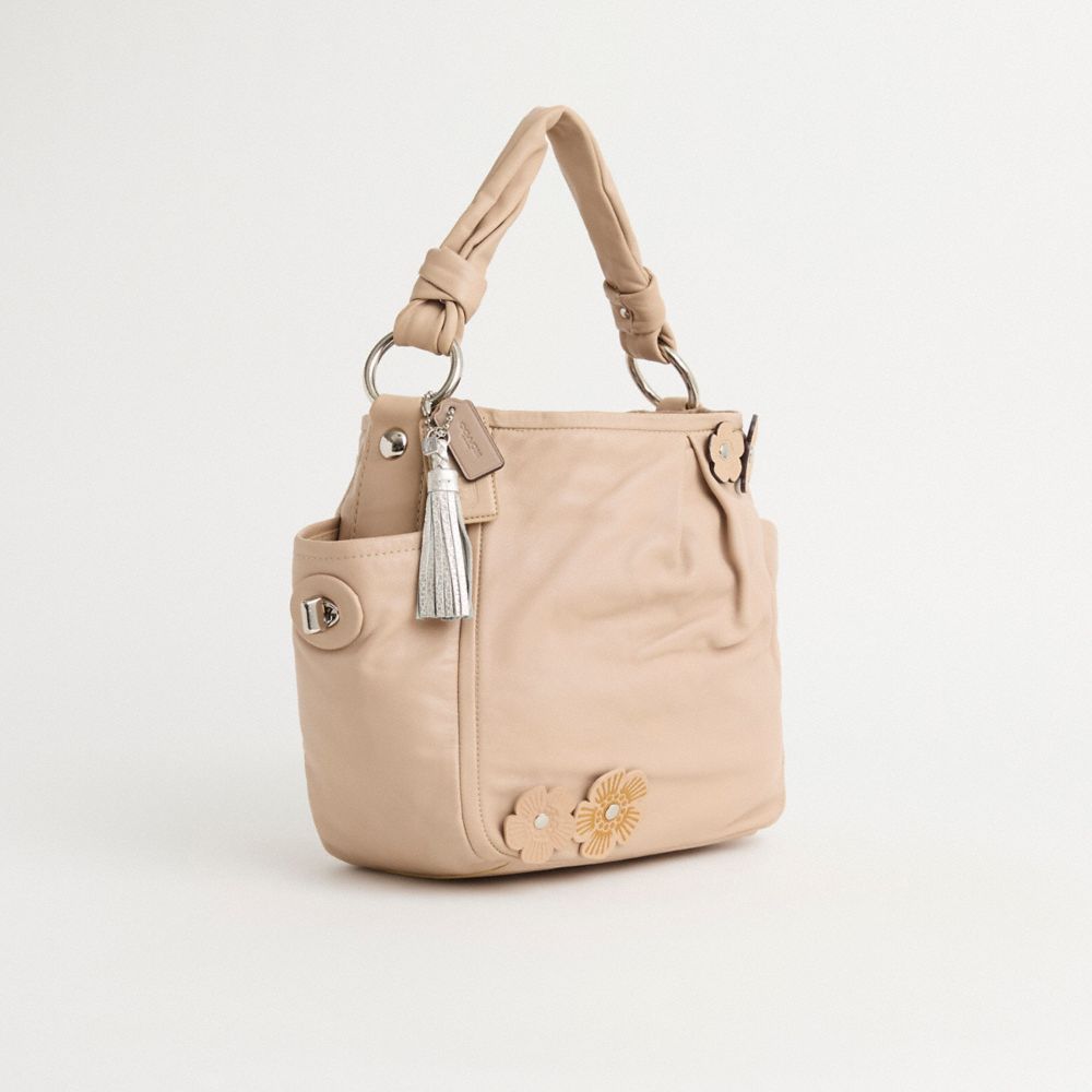 COACH®,Upcrafted Parker Hobo Bag,Calfskin Leather,Shoulder Bag,Studded,Pleats,Tassel,Logo,Embossed,Applique,Knot,Silver Me...,Beige,Angle View