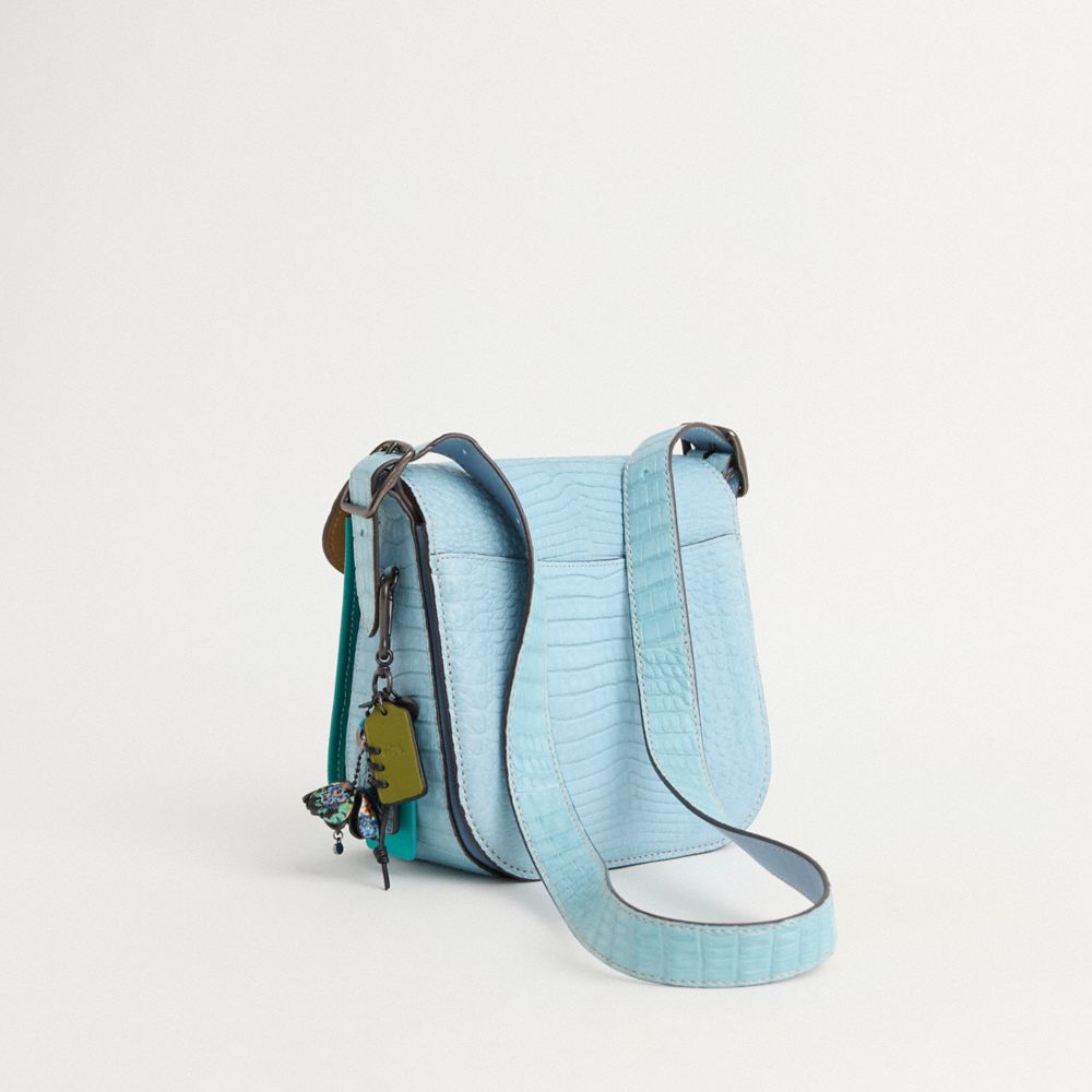COACH®,Upcrafted Courier Bag In Crocodile,Crocodile,Saddle Bag,Piping,Adjustable,Casual,Blue,Angle View