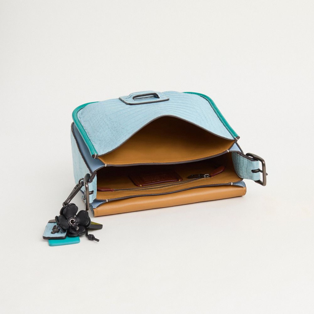 COACH®,Upcrafted Courier Bag In Crocodile,Crocodile,Saddle Bag,Piping,Adjustable,Casual,Blue,Inside View,Top View