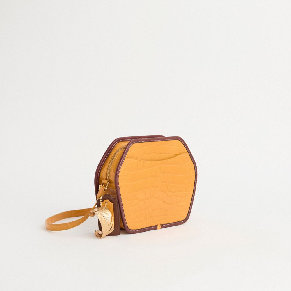 COACH®,Upcrafted Zip Geometric Pouch In Alligator,Alligator,Pouch,Piping,Metal,Sustainable,Casual,Mustard,Angle View