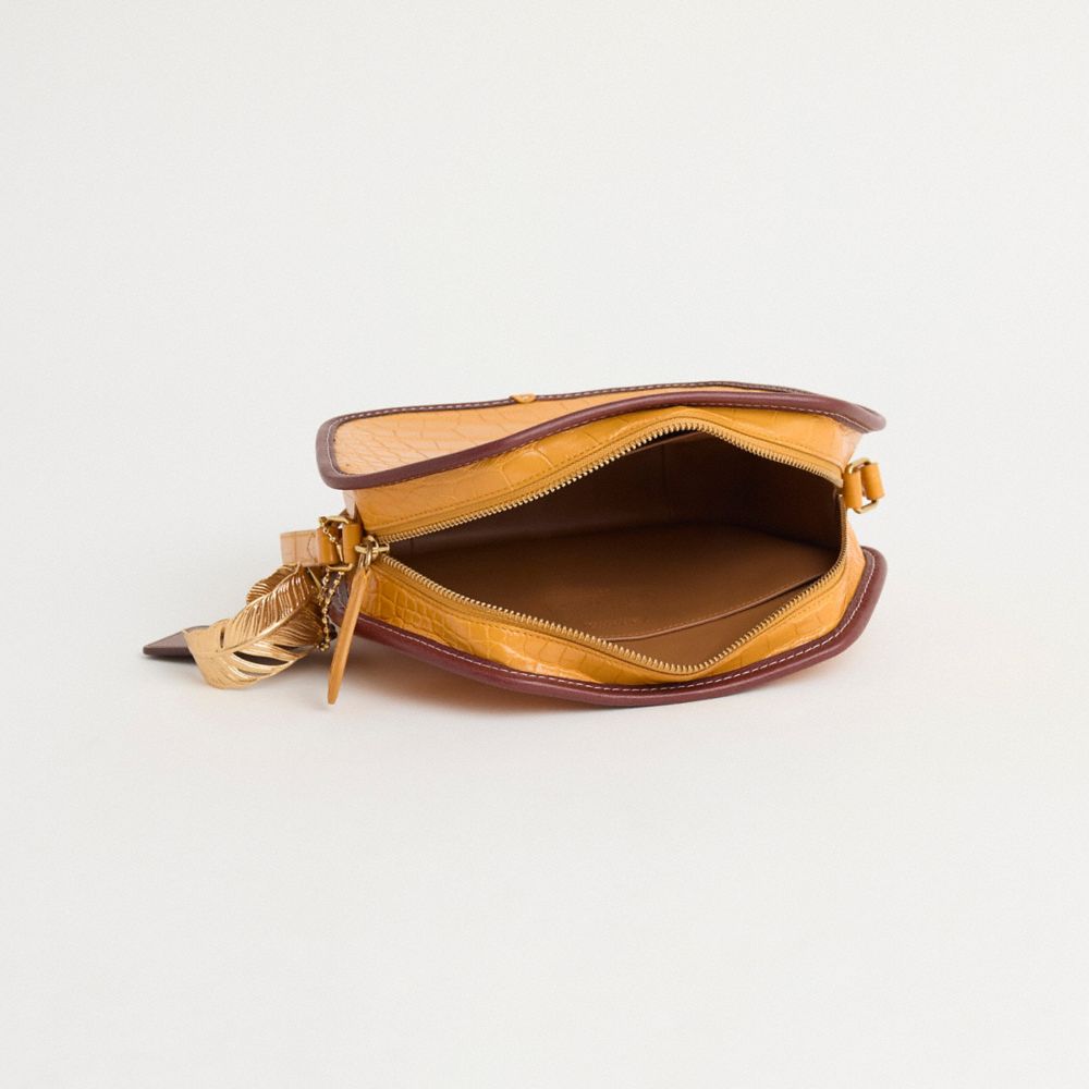 COACH®,Upcrafted Zip Geometric Pouch In Alligator,Alligator,Pouch,Piping,Metal,Sustainable,Casual,Mustard,Inside View,Top View
