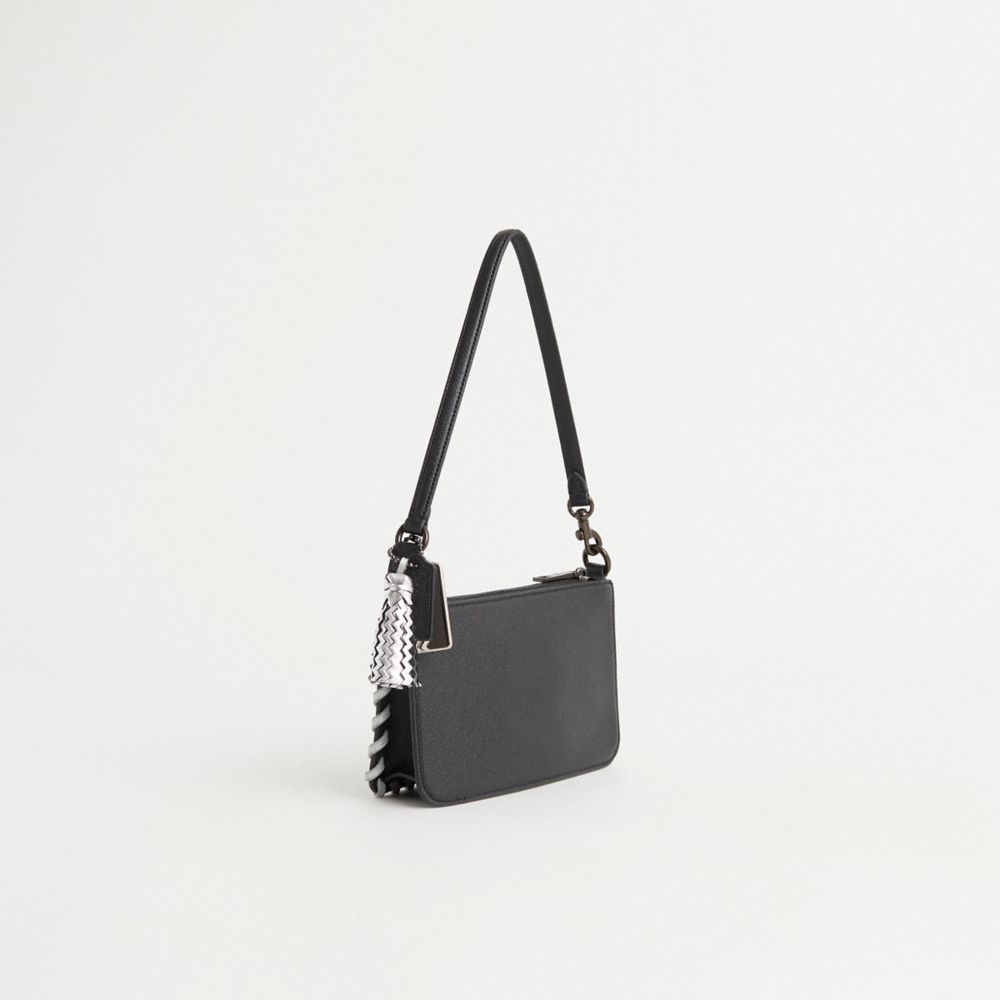 COACH®,Upcrafted Pouch Bag With Signature Canvas,Canvas,Pouch,Plastic,Logo,Tassel,Whipstitch,Scratch Resistant,Casual,Black,Angle View