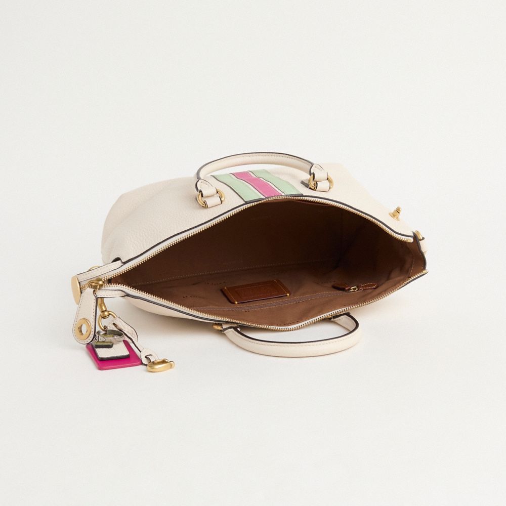 COACH®,Upcrafted Cara Satchel Bag,Leather,Satchel,Metal,Stripe,Logo,Adjustable,Brass,Casual,Cream,Inside View,Top View
