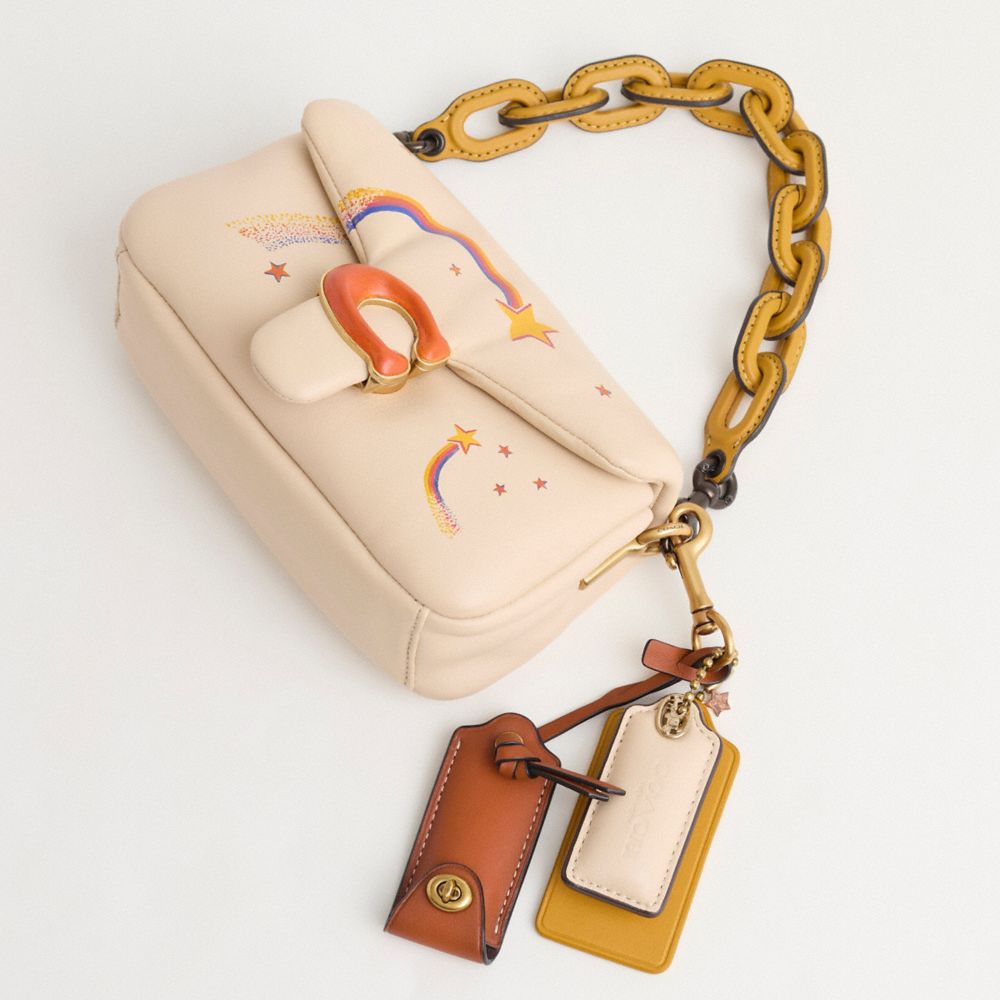 COACH®,Upcrafted Pillow Tabby Shoulder Bag 18,Leather,Shoulder Bag,Metal,Logo,Chain Detail,Brass,Day Party,Cream,Closer View