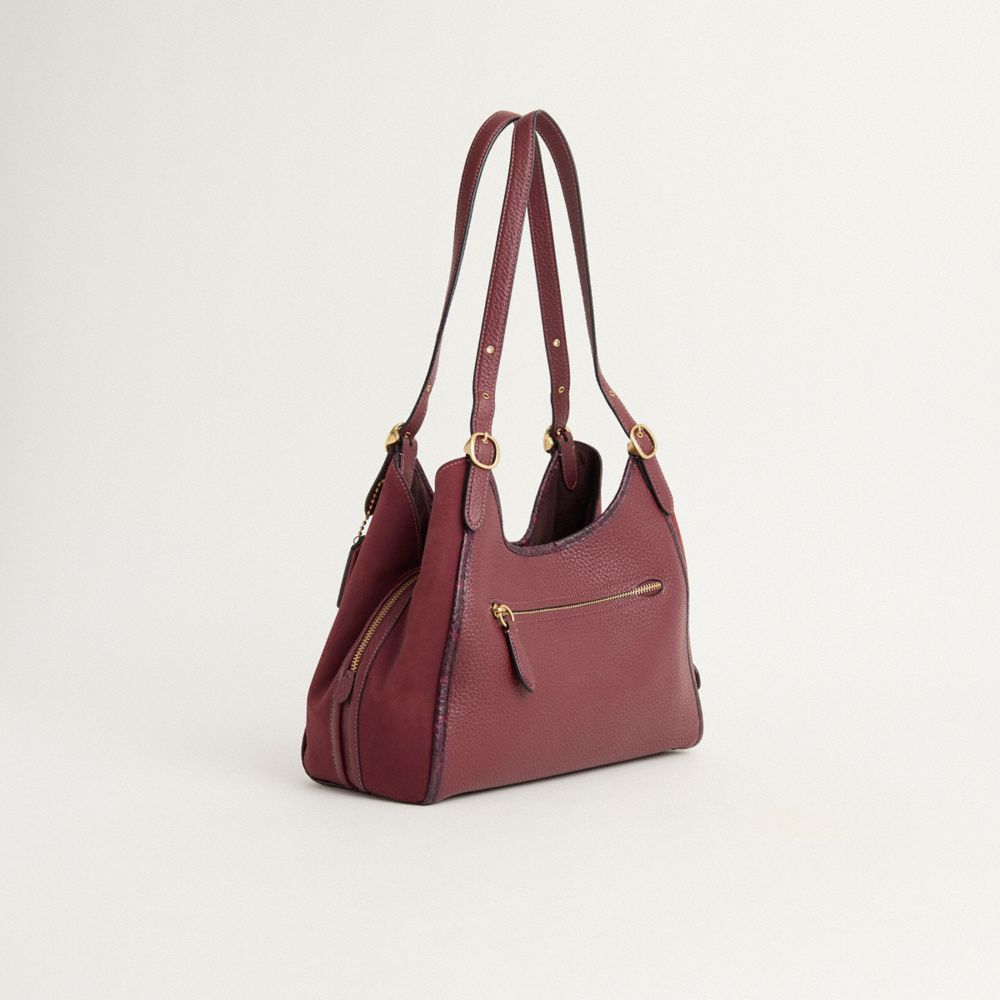COACH®,Upcrafted Lori Shoulder Bag With Snakeskin Detail,Snakeskin,Suede,Leather,Shoulder Bag,Color Block,Logo,Pattern,Pip...,Maroon,Angle View