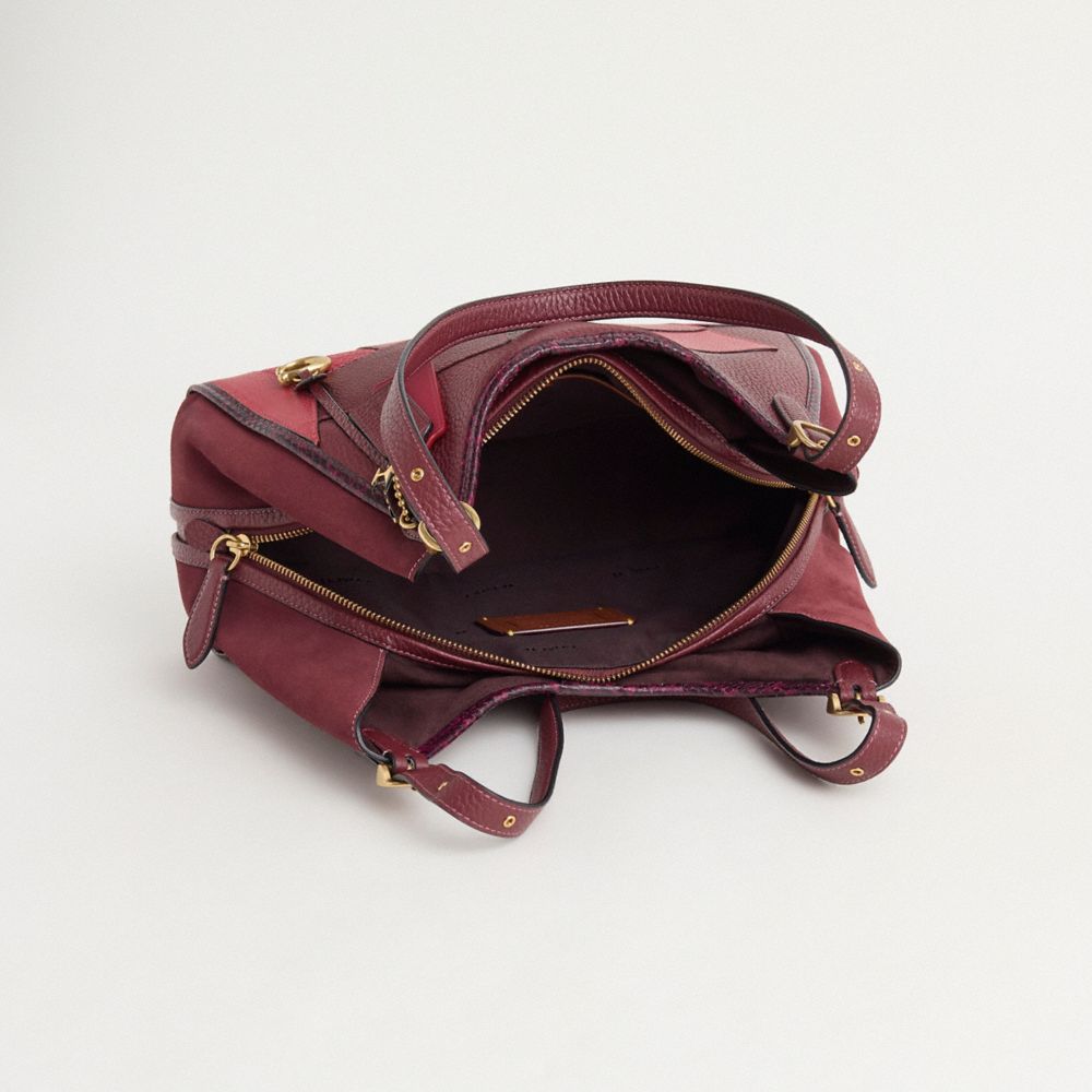 COACH®,Upcrafted Lori Shoulder Bag With Snakeskin Detail,Snakeskin,Suede,Leather,Shoulder Bag,Color Block,Logo,Pattern,Pip...,Maroon,Inside View,Top View