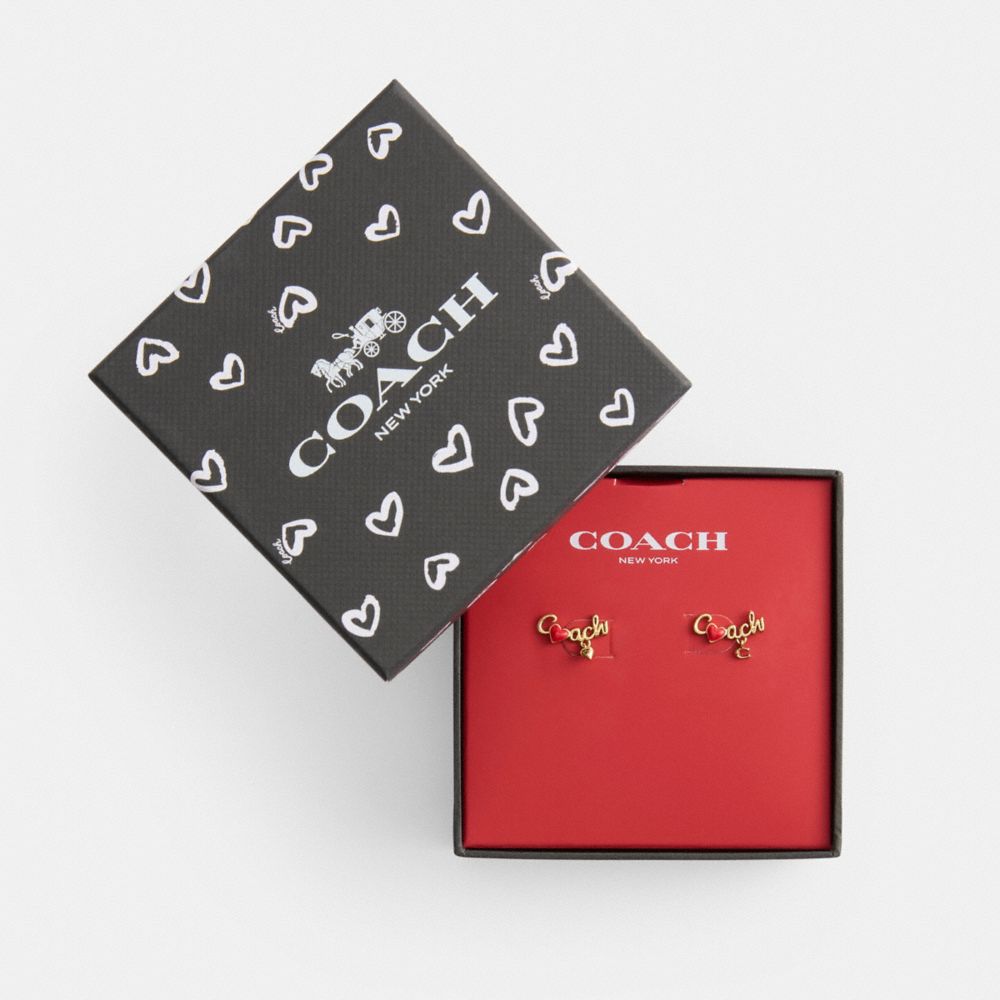 COACH®,Coach Heart Script Crawler Earrings,Red,Front View