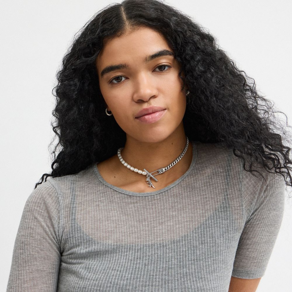 COACH®,Pearl Skeletal Rexy Safety Pin Choker Necklace,,Detail View