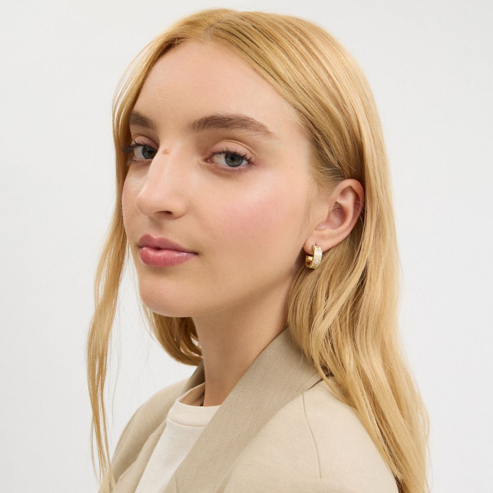 COACH®,Signature Enamel Small Huggie Earrings,Pink,Detail View