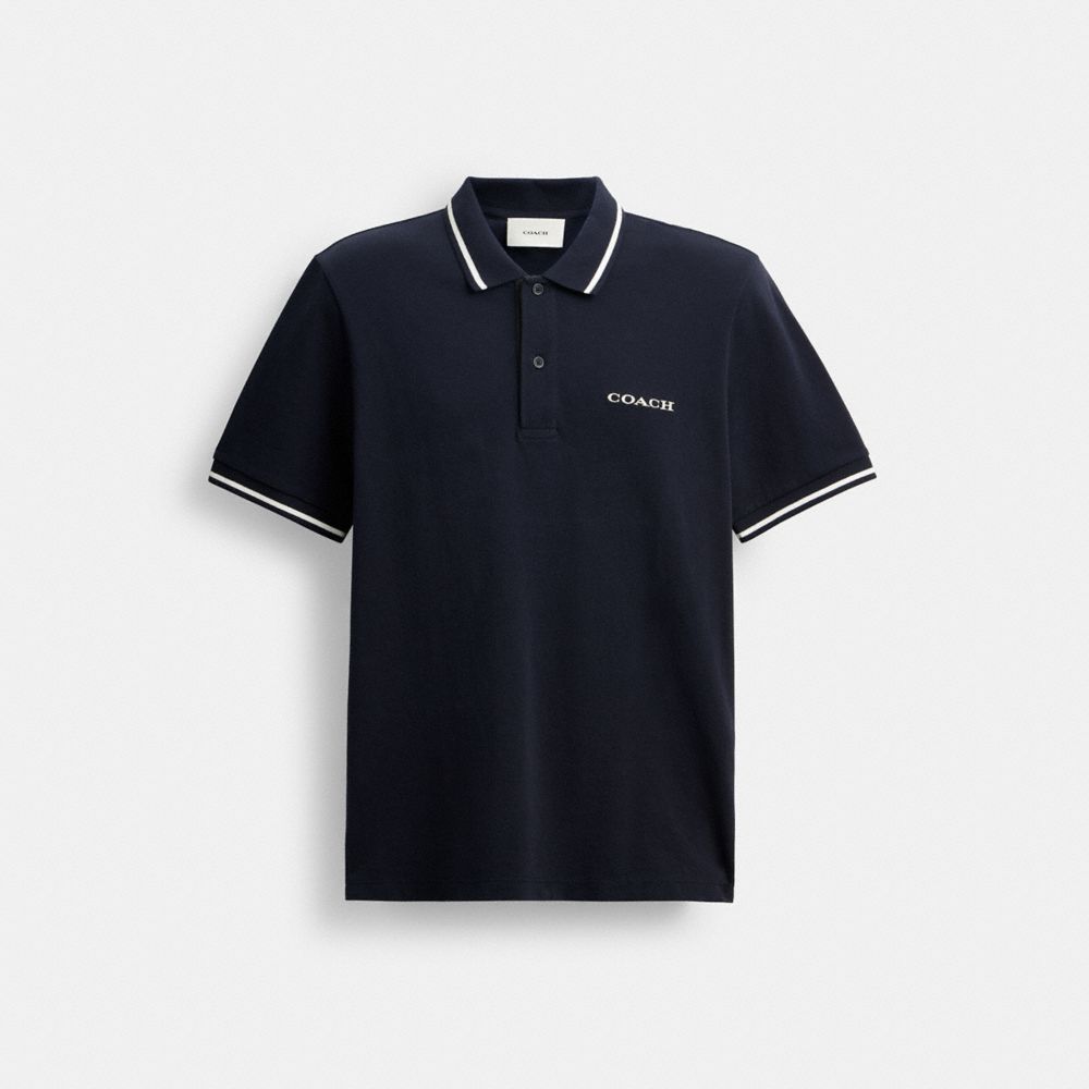 COACH®,Signature Trim Polo In Organic Cotton,Organic Cotton,Knit,Cotton,Cotton Knit,Polo Shirt,Piping,Breathable,Casual,Navy,Front View