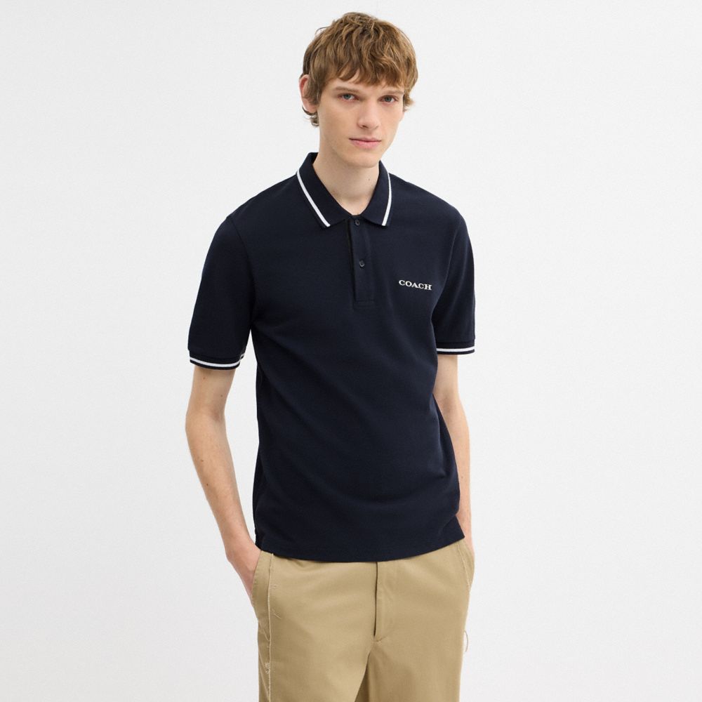 COACH®,Signature Trim Polo In Organic Cotton,Organic Cotton,Knit,Cotton,Cotton Knit,Polo Shirt,Piping,Breathable,Casual,Navy,Scale View