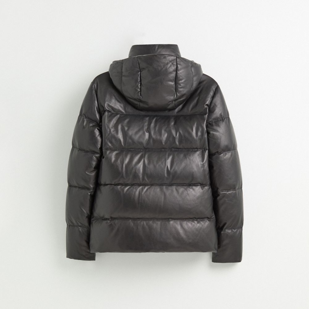 COACH®,Restored Leather Puffer Jacket,Lambskin,Leather,Quilted,Puffer,Down,Drawstring,Eco-Friendly,Insulated,Casual,Black,Back View