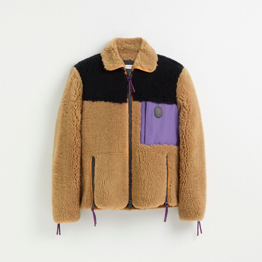Coach Restored Colorblock Shearling Jacket In Burnt Sienna