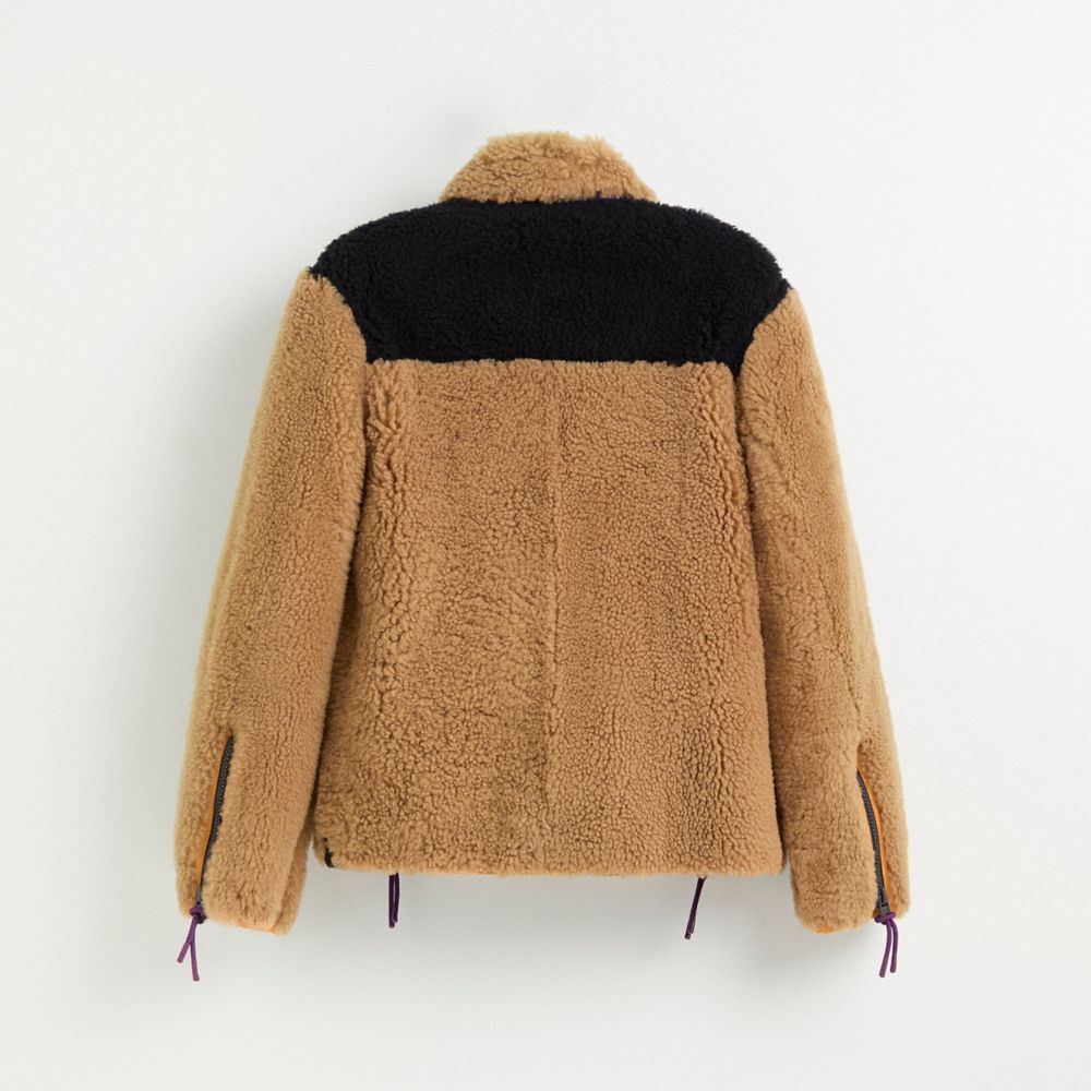 COACH®,Restored Colorblock Shearling Jacket,Teddy,Color Block,Mixed Media,Patchwork,Zipper,Logo,Applique,Casual,Brown,Back View
