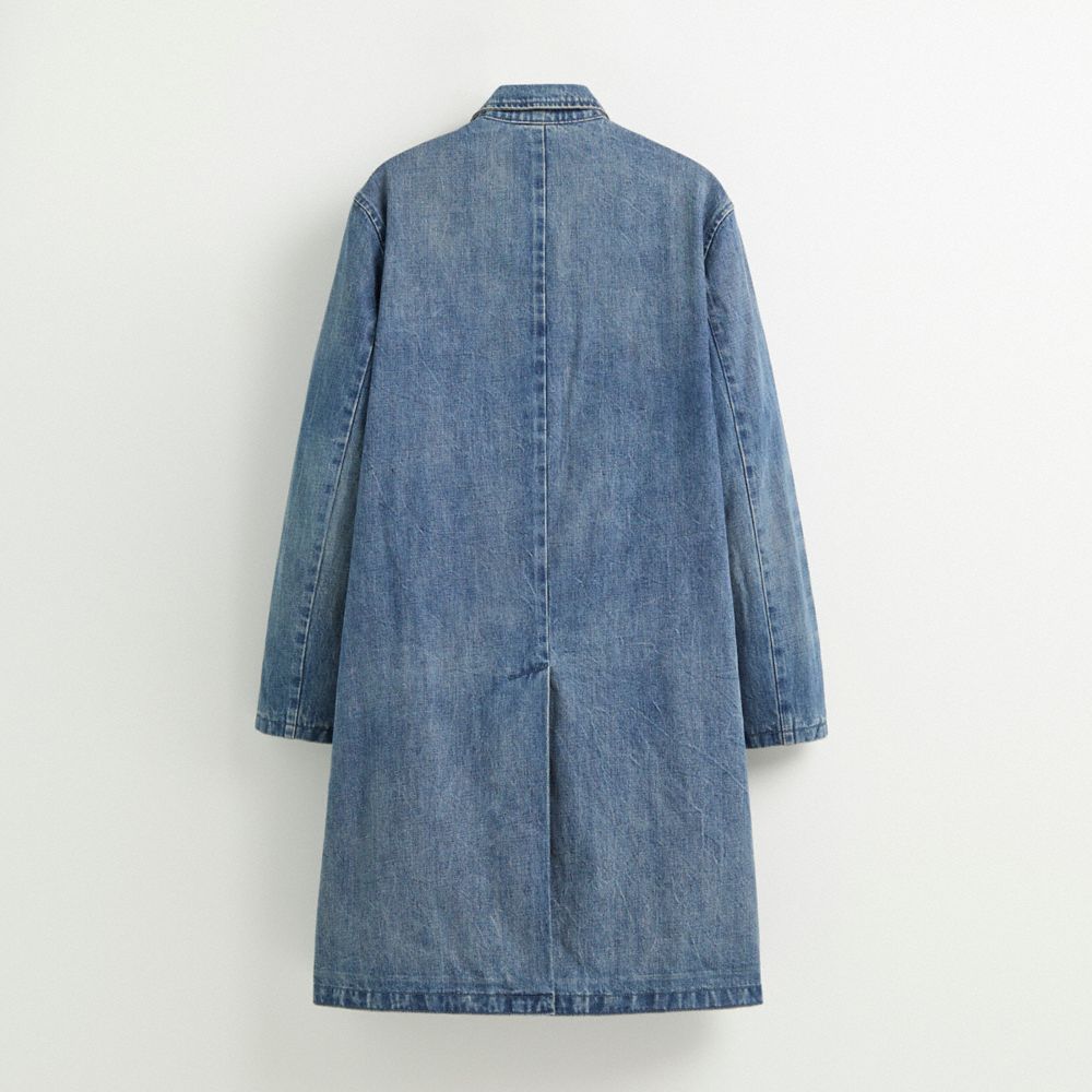 COACH®,Restored Denim Coat,Cupro,Polyester,Cotton,Denim,Button,Color Block,Eco-Friendly,Casual,,Back View