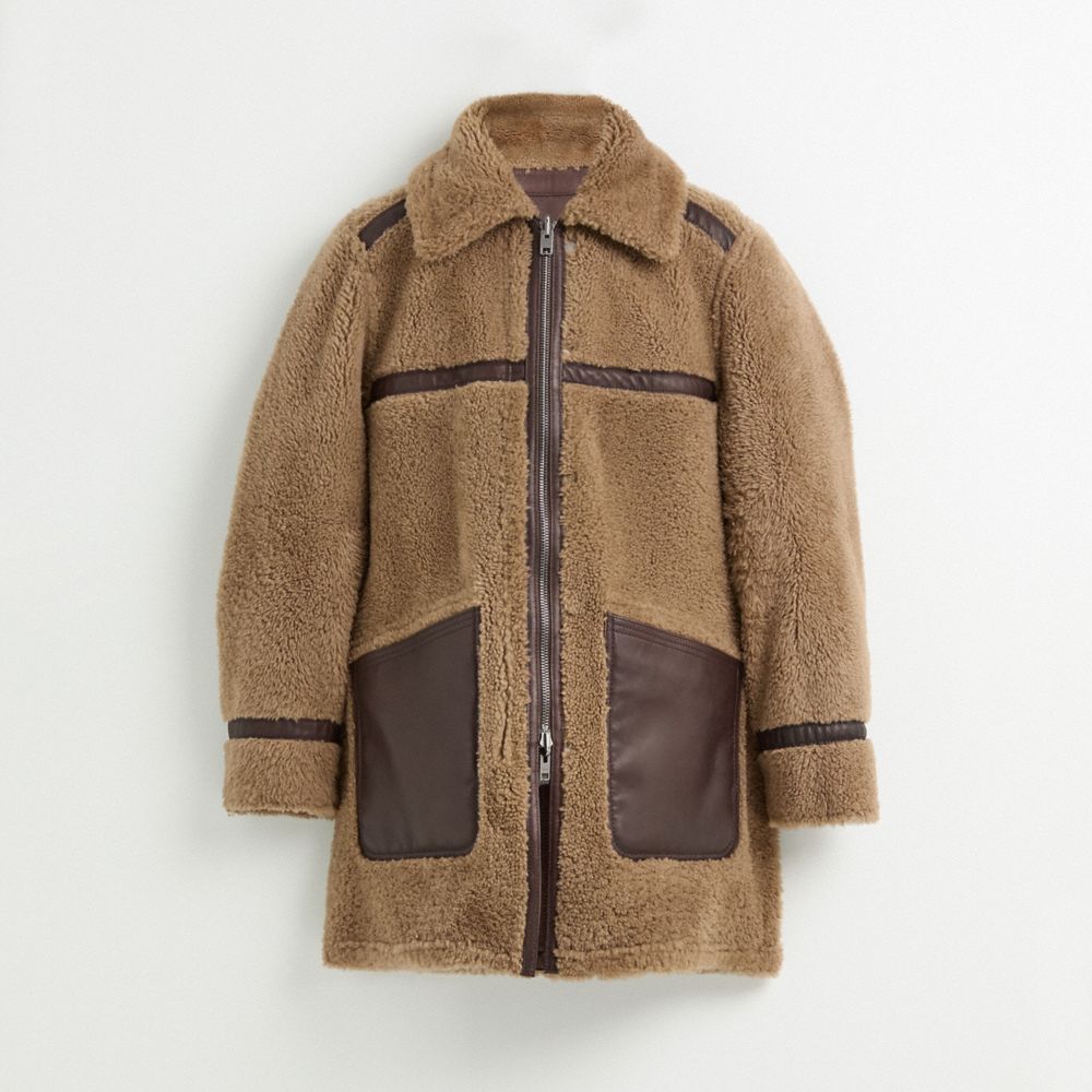 COACH®,Restored Reversible Shearling Coat,Leather,Shearling,Color Block,Shearling,Reversible,Eco-Friendly,Casual,Brown,Angle View