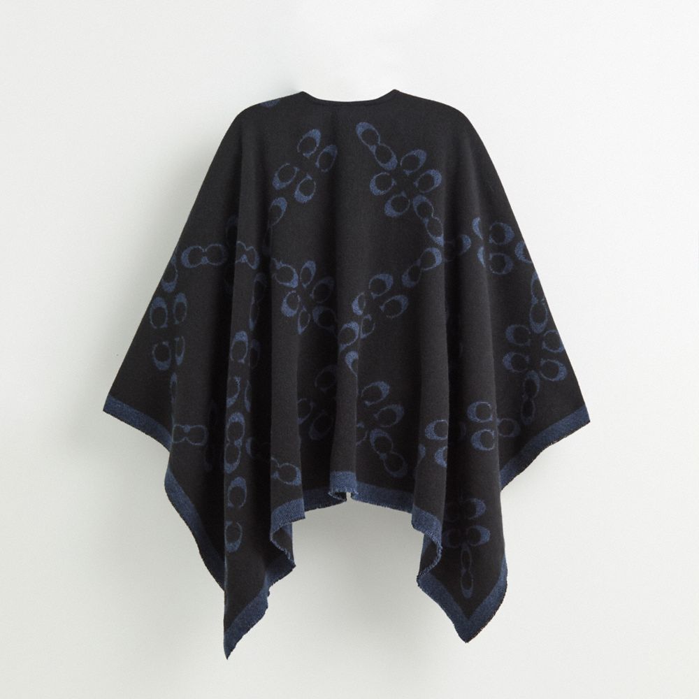 COACH®,Restored Signature Poncho,Wool,Polyamide,Poncho,Piping,Casual,Navy,Back View