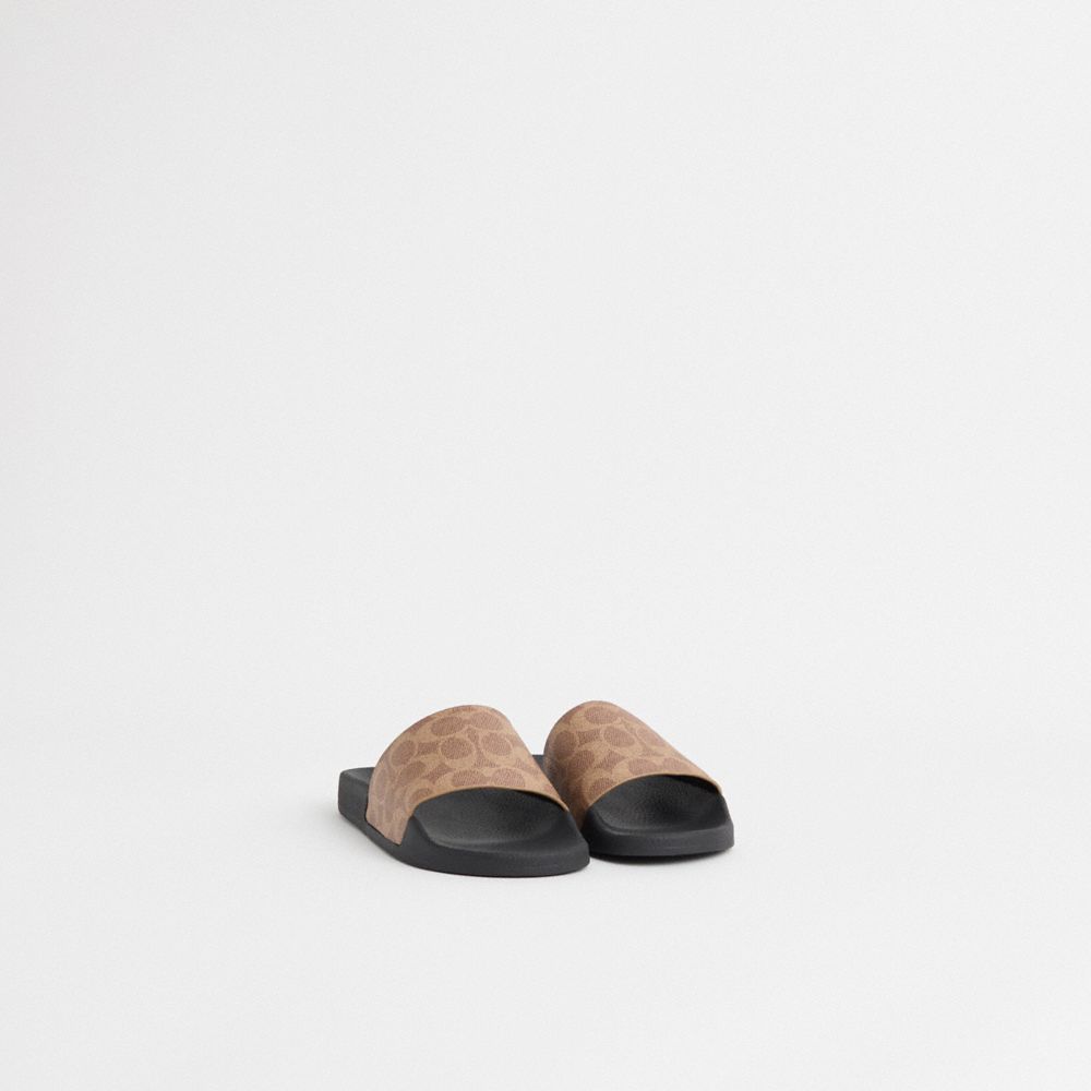 COACH®,Restored Udele Sport Slide In Signature Canvas,Canvas,Rubber,Slides,Sustainable,Pool,Casual,Beige,Angle View