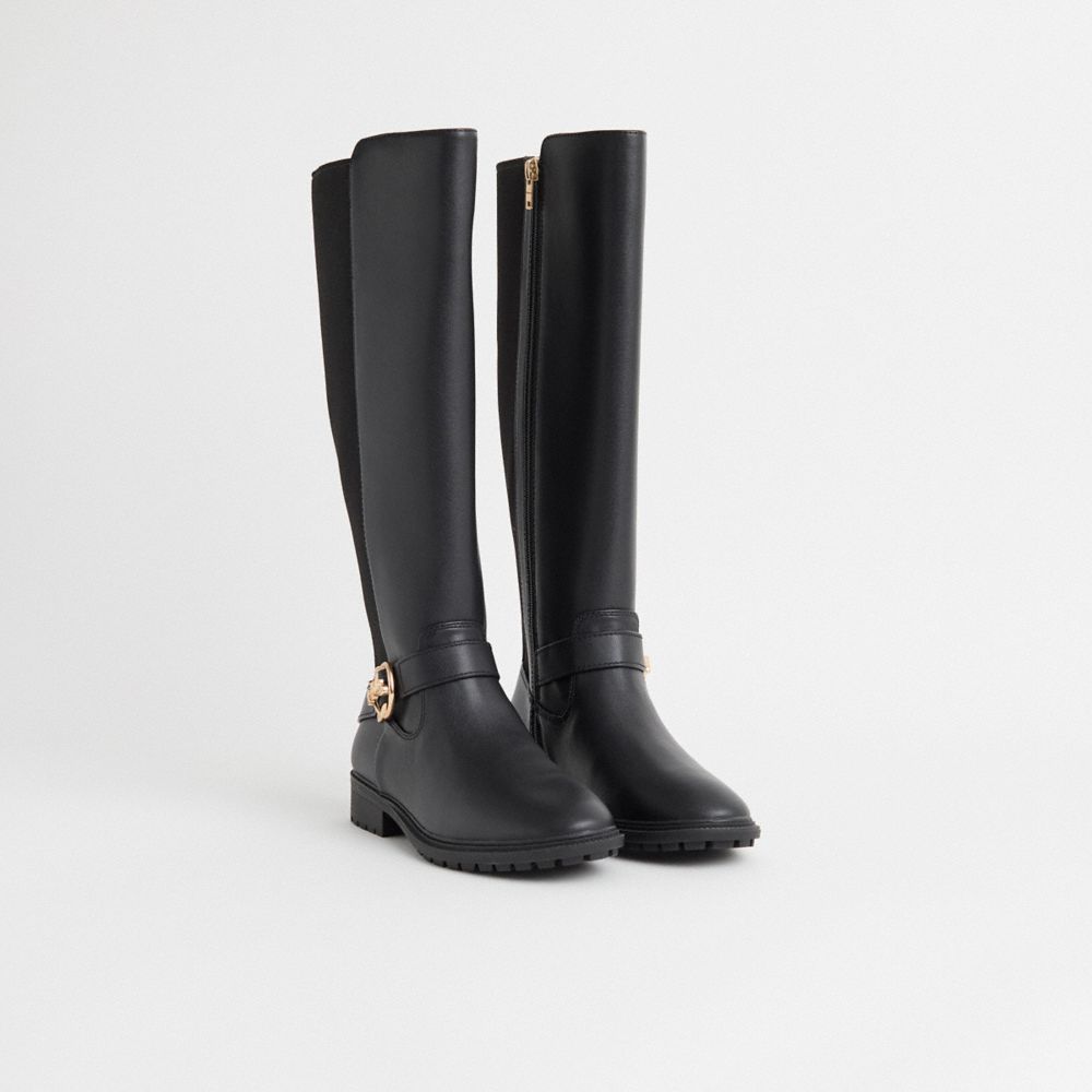 COACH®,Restored Farrah Boot,Leather,Rubber,Riding,Metal,Logo,Pull Tab,Casual,Black,Angle View