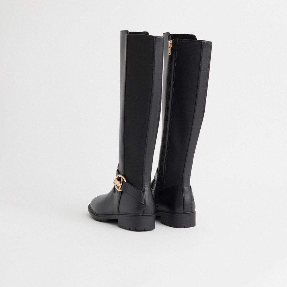COACH®,Restored Farrah Boot,Leather,Rubber,Riding,Metal,Logo,Pull Tab,Casual,Black,Back View