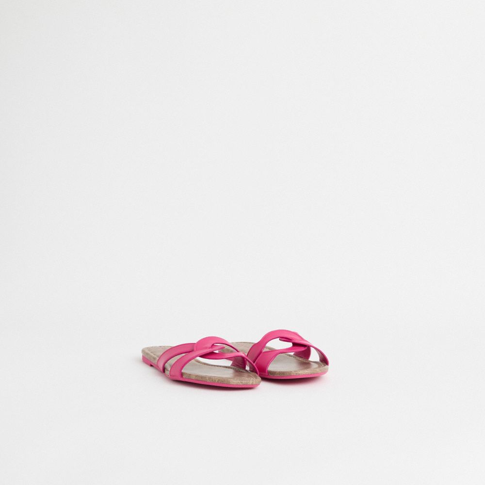 COACH®,Restored Essie Sandal,Leather,Canvas,Rubber,Slides,Sustainable,Casual,Pool,Fuchsia,Angle View