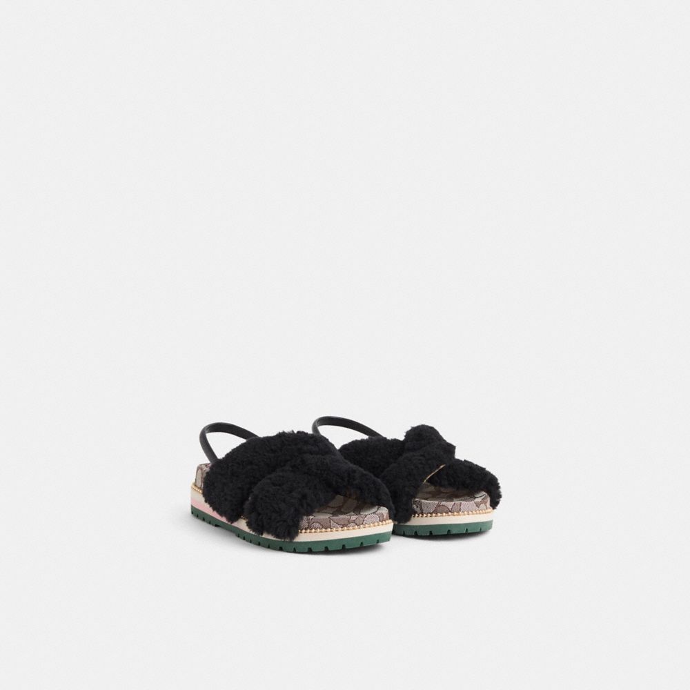 COACH®,Restored Tally Sandal,Rubber,Shearling,Leather,Sandals,Twist,Elastic Gore,Sustainable,Casual,,Angle View