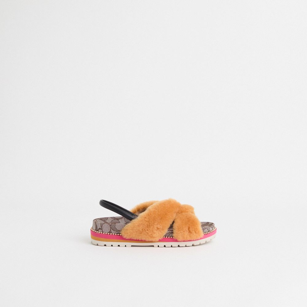 COACH®,Restored Tally Sandal,Leather,Rubber,Shearling,Sandals,Twist,Elastic Gore,Sustainable,Casual,Brown,Front View