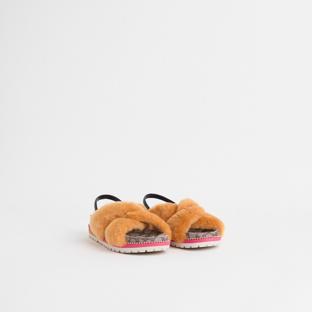 COACH®,Restored Tally Sandal,Leather,Rubber,Shearling,Sandals,Twist,Elastic Gore,Sustainable,Casual,Brown,Angle View