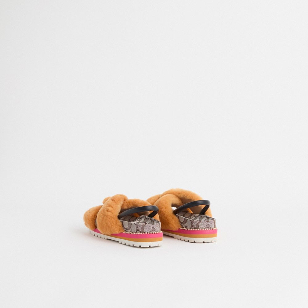 COACH®,Restored Tally Sandal,Leather,Rubber,Shearling,Sandals,Twist,Elastic Gore,Sustainable,Casual,Brown,Back View