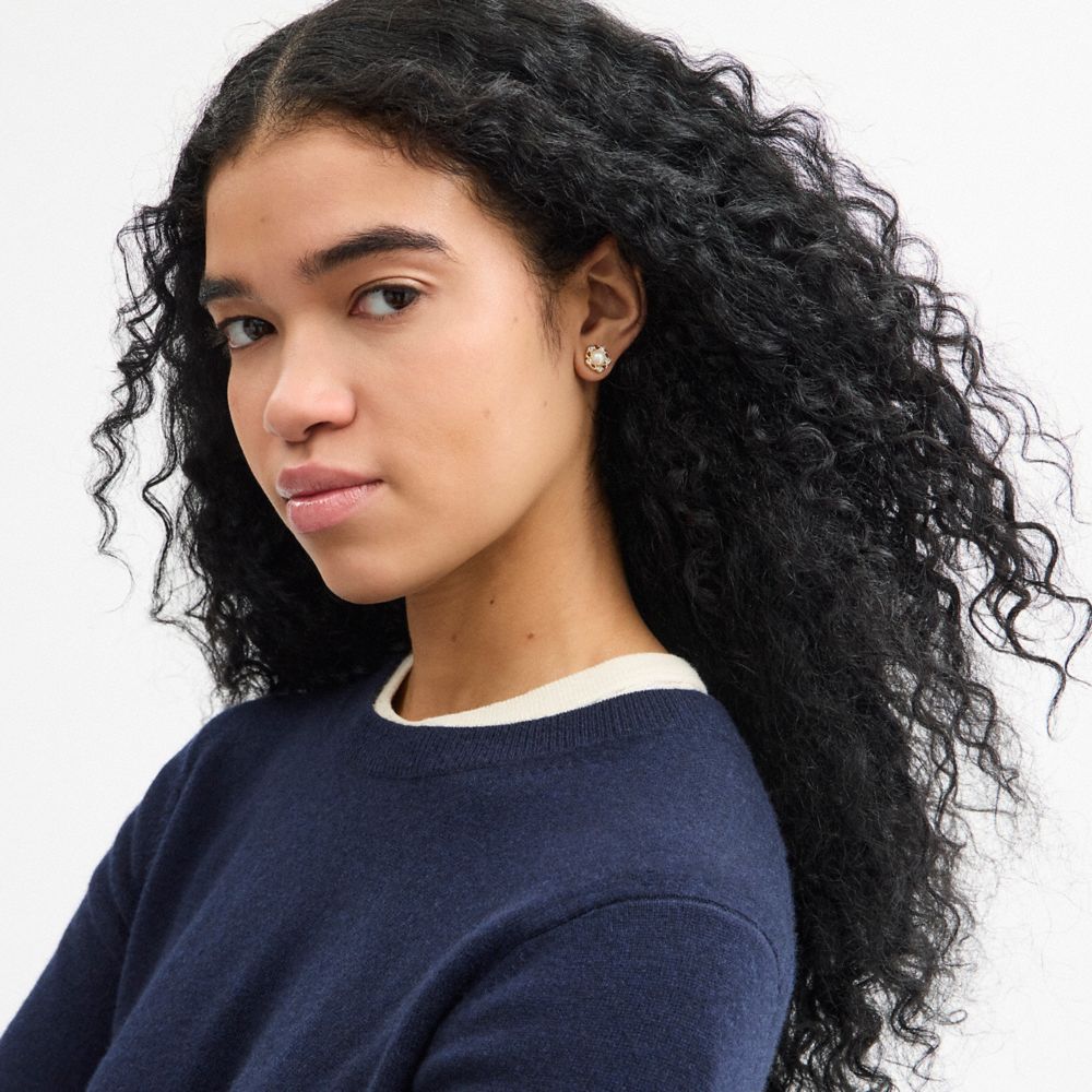 COACH®,Signature Pearl Stud Earrings,Studs,Pearl,Glass,Metal Material,Cubic Zirconia,Gem Embellishment,Logo,Floral Embelli...,White,Detail View