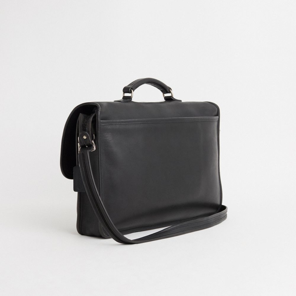 COACH®,Vintage Metropolitan Brief,Leather,Briefcase,Logo,Adjustable,Silver Metal,Work,Black,Angle View