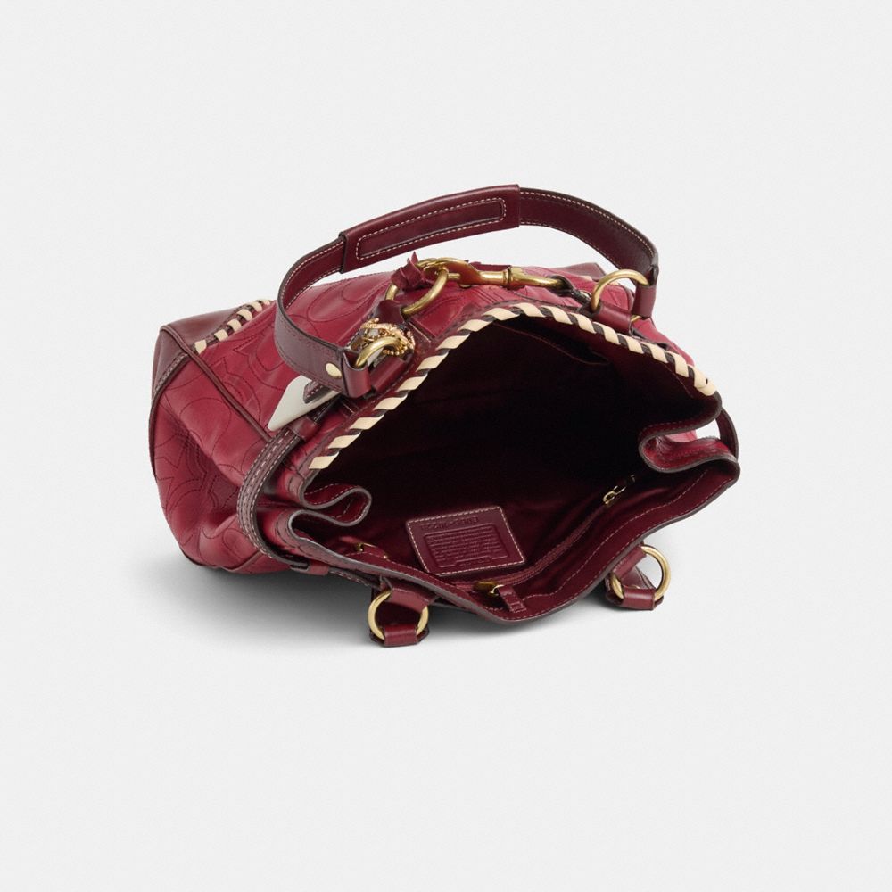 COACH®,Upcrafted Signature Book Tote Bag,Leather,Bucket,Color Block,Tassel,Whipstitch,Brass,Day Party,Maroon,Inside View,Top View