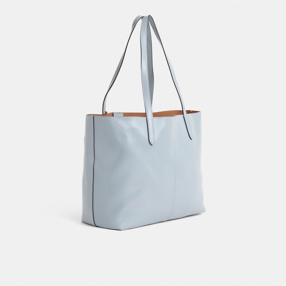 COACH®,Upcrafted North Tote Bag 32,Leather,Tote,Applique,Shearling,Metal,Embellished,Silver Metal,Casual,Blue,Angle View