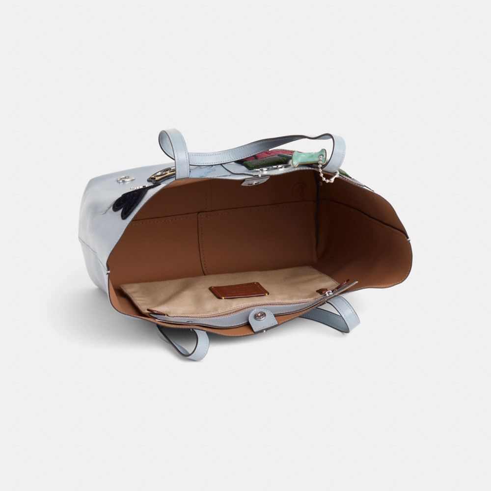 COACH®,Upcrafted North Tote Bag 32,Leather,Tote,Applique,Shearling,Metal,Embellished,Silver Metal,Casual,Blue,Inside View,Top View