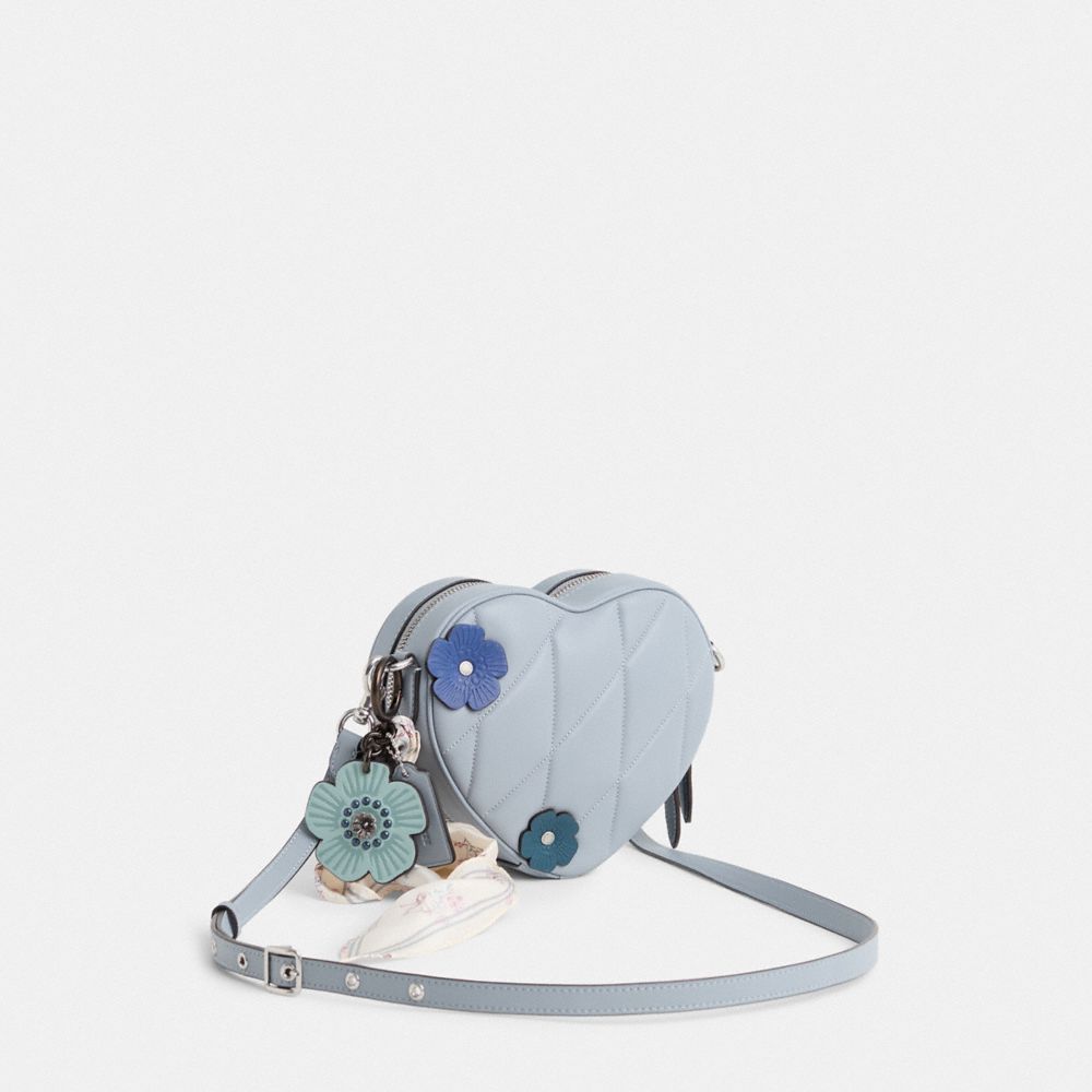 COACH®,Upcrafted Heart Crossbody Bag With Quilting,Crossbody,Logo,Metal,Applique,Floral Embellishment,Chain Detail,Silver ...,Blue,Angle View