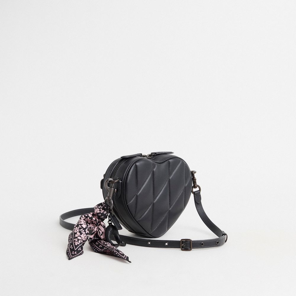 COACH®,Upcrafted Heart Crossbody Bag With Quilting,Crossbody,Applique,Logo,Metal,Floral Embellishment,Day Party,Black,Angle View