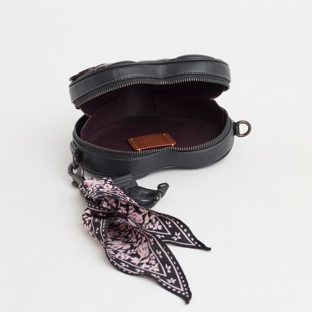 COACH®,Upcrafted Heart Crossbody Bag With Quilting,Crossbody,Applique,Logo,Metal,Floral Embellishment,Day Party,Black,Inside View,Top View