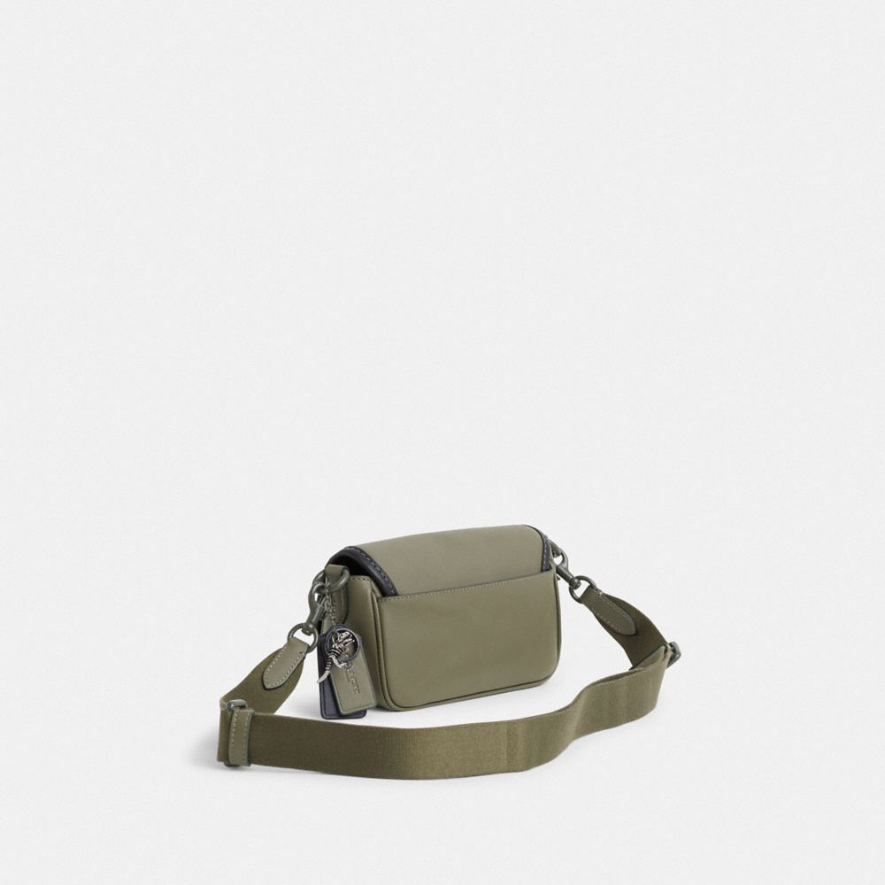 COACH®,Upcrafted Charter Flap Crossbody 18,Calfskin Leather,Crossbody,Plastic,Metal,Piping,Logo,Chain Detail,Mixed Metal,C...,Olive,Angle View