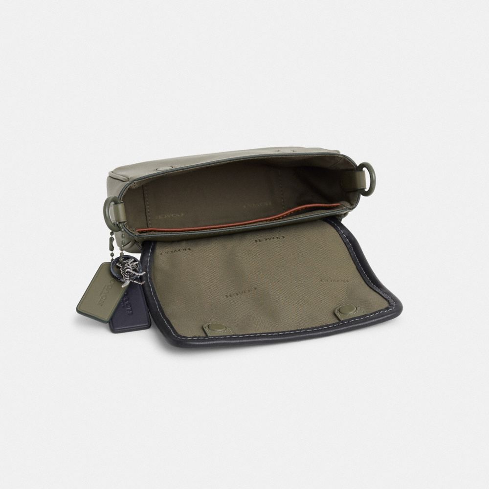 COACH®,Upcrafted Charter Flap Crossbody 18,Calfskin Leather,Crossbody,Plastic,Metal,Piping,Logo,Chain Detail,Mixed Metal,C...,Olive,Inside View,Top View
