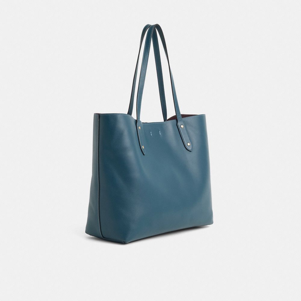 COACH®,Upcrafted Central Tote 39,Leather,Tote,Stripe,Logo,Sustainable,Gold Metal,Casual,Teal,Angle View