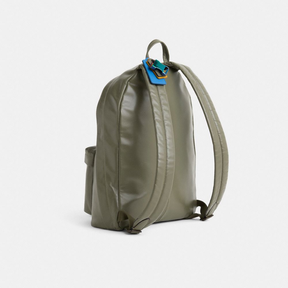 COACH®,Upcrafted Hall Backpack,Leather,Backpack,Plastic,Metal,Stripe,Logo,Adjustable,Casual,Olive,Angle View
