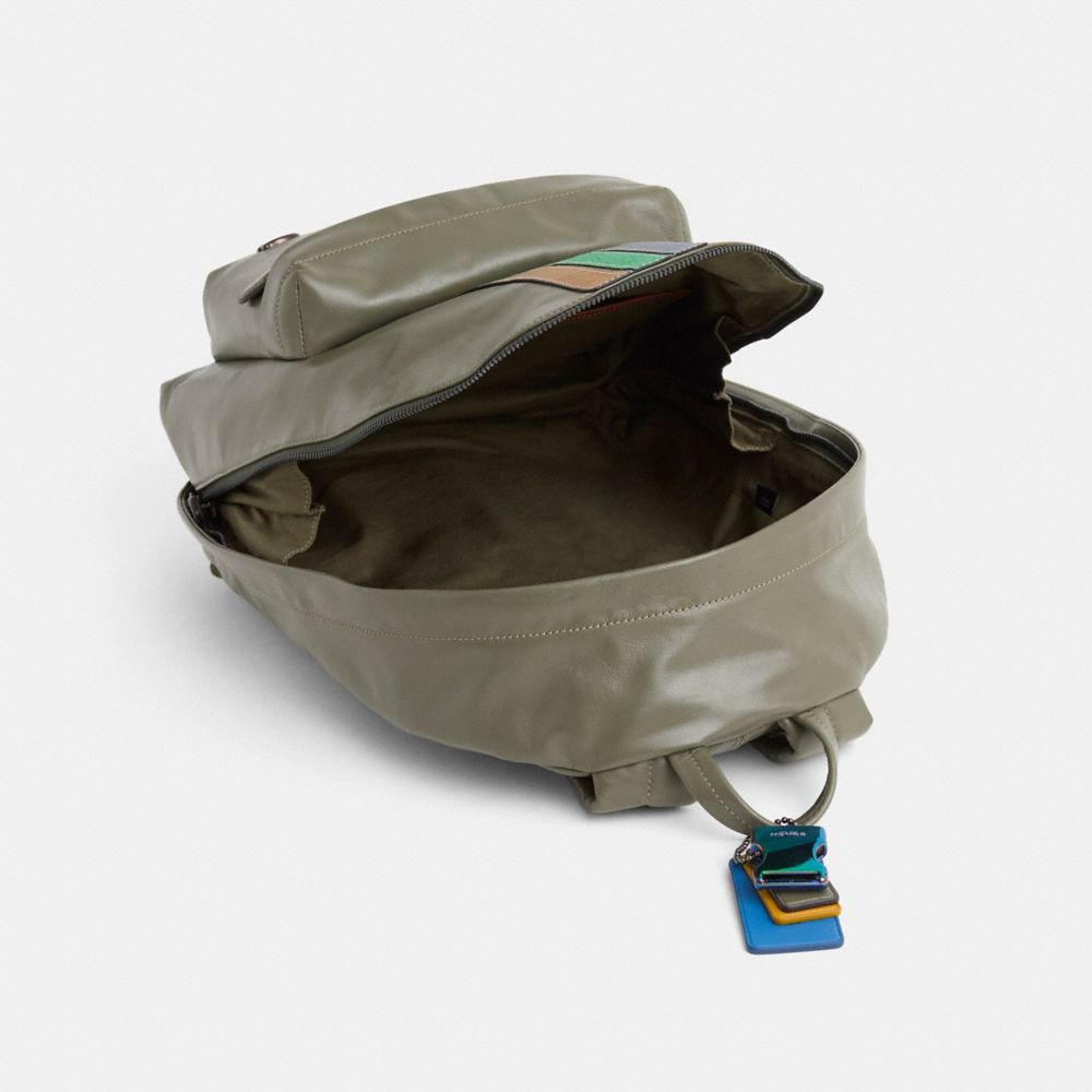 COACH®,Upcrafted Hall Backpack,Leather,Backpack,Plastic,Metal,Stripe,Logo,Adjustable,Casual,Olive,Inside View,Top View