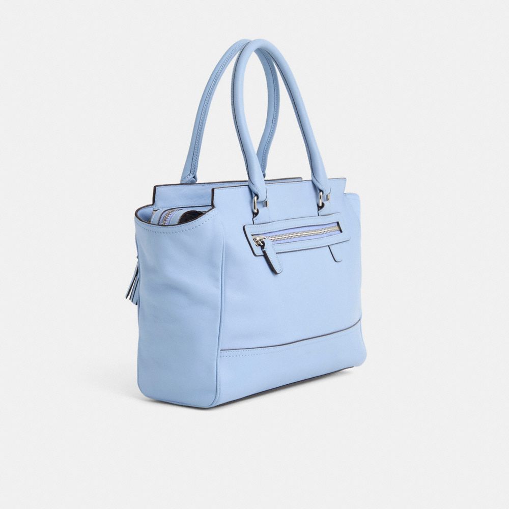 COACH®,Upcrafted Legacy Medium Candace Carryall In Leather,Leather,Satchel,Stripe,Tassel,Silver Metal,Casual,Blue,Angle View