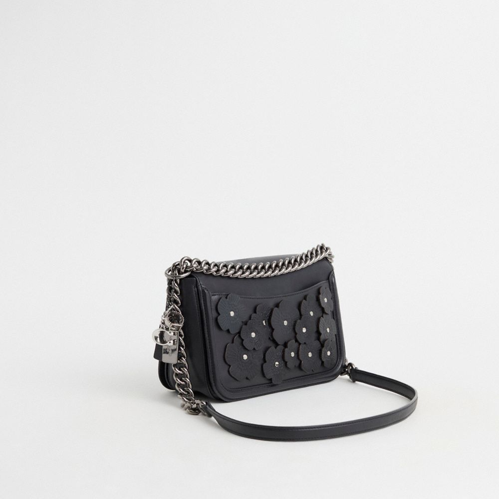 COACH®,Upcrafted Coach Swagger Shoulder Bag,Leather,Shoulder Bag,Bead Embellishment,Logo,Embellished,Metal,Studded,Floral ...,Black,Angle View