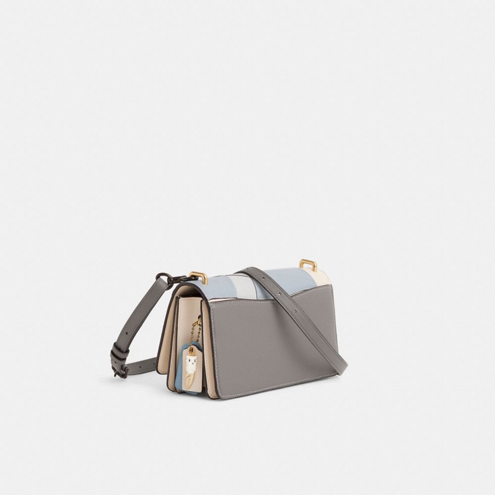 COACH®,Upcrafted Bandit Shoulder Bag,Calfskin Leather,Shoulder Bag,Metal,Patchwork,Logo,Brass,Day Party,Blue,Angle View