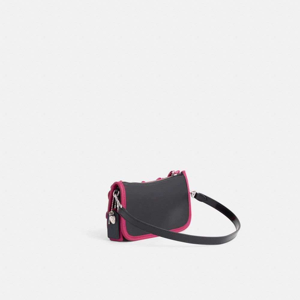 COACH®,Upcrafted Penn Shoulder Bag,Leather,Shoulder Bag,Embellished,Bead Embellishment,Color Block,Piping,Applique,Floral ...,Fuchsia,Angle View