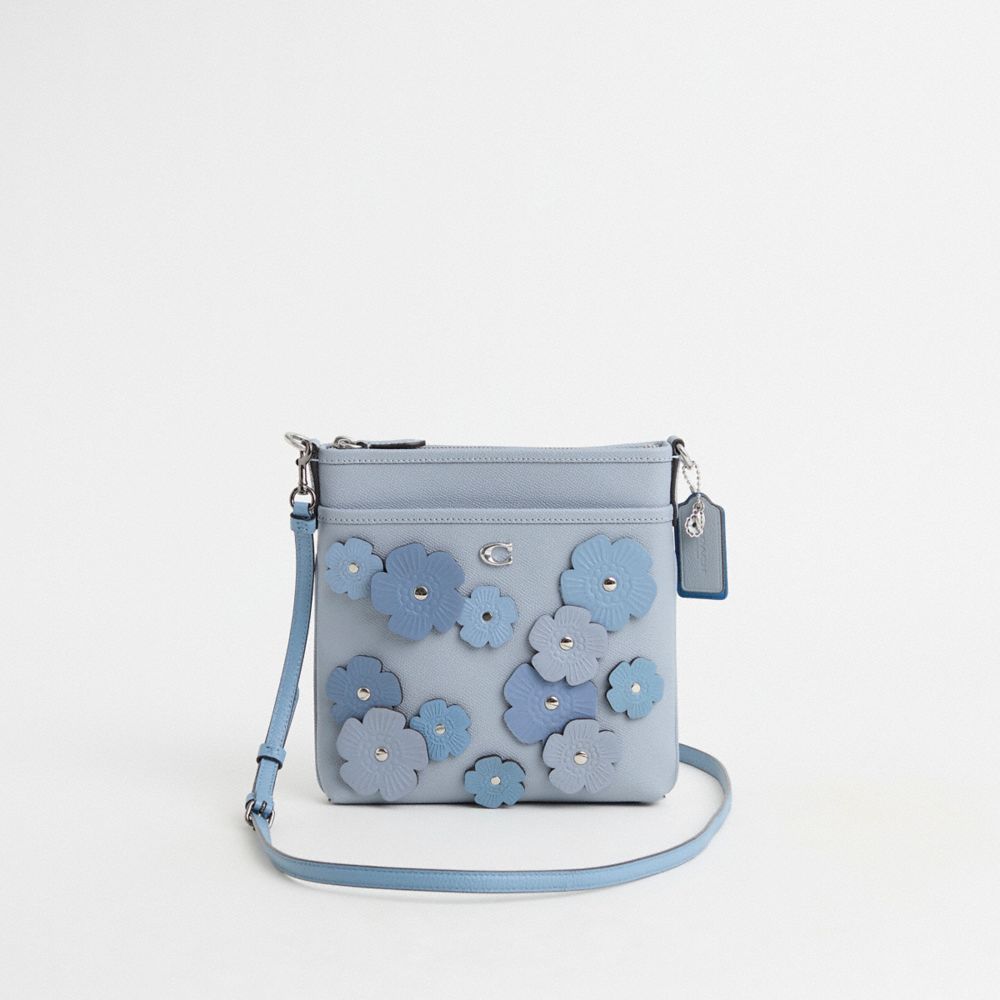 COACH®,Upcrafted Kitt Messenger Crossbody Bag,Leather,Crossbody,Logo,Metal,Applique,Floral Embellishment,Adjustable,Silver...,Turquoise,Front View