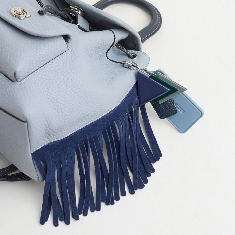 COACH®,Upcrafted Riya Backpack 21 In Colorblock,Leather,Backpack,Logo,Metal,Fringe,Adjustable,Silver Metal,Day Party,Blue,Closer View