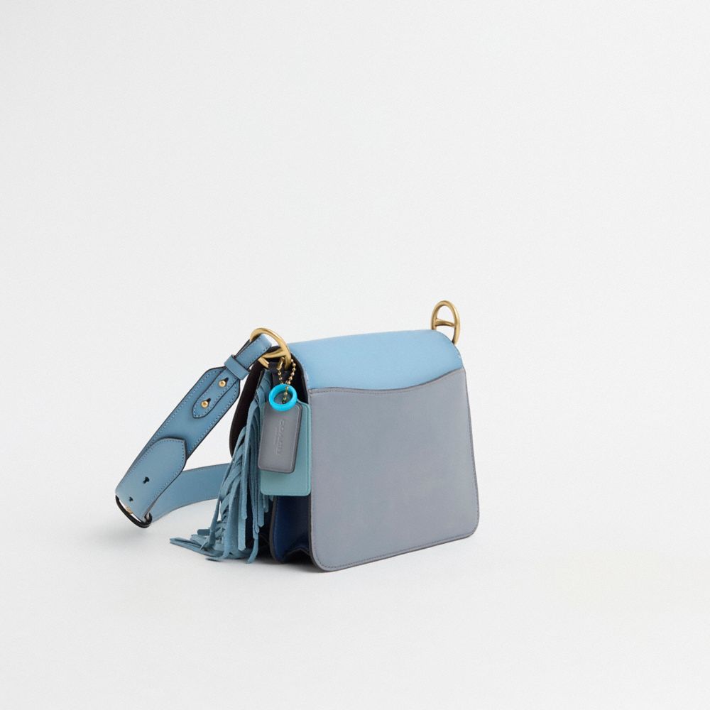 COACH®,Upcrafted Beat Shoulder Bag In Colorblock,Shoulder Bag,Logo,Metal,Mixed Media,Color Block,Fringe,Brass,Day Party,Blue,Angle View