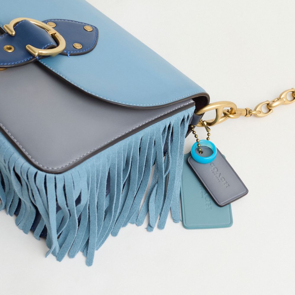COACH®,Upcrafted Beat Shoulder Bag In Colorblock,Shoulder Bag,Logo,Metal,Mixed Media,Color Block,Fringe,Brass,Day Party,Blue,Closer View